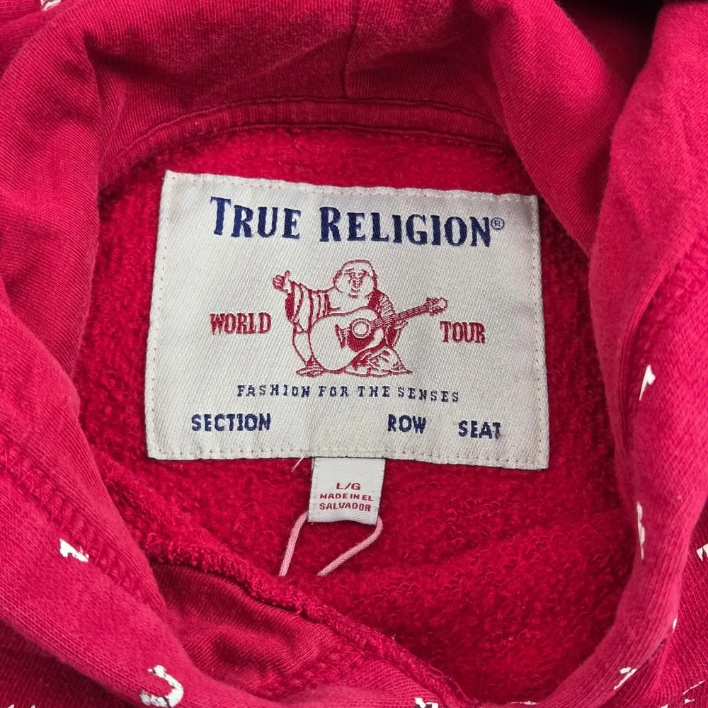 True Religion Hoodie Mens Large Red All Over Print Logo Pullover Streetwear